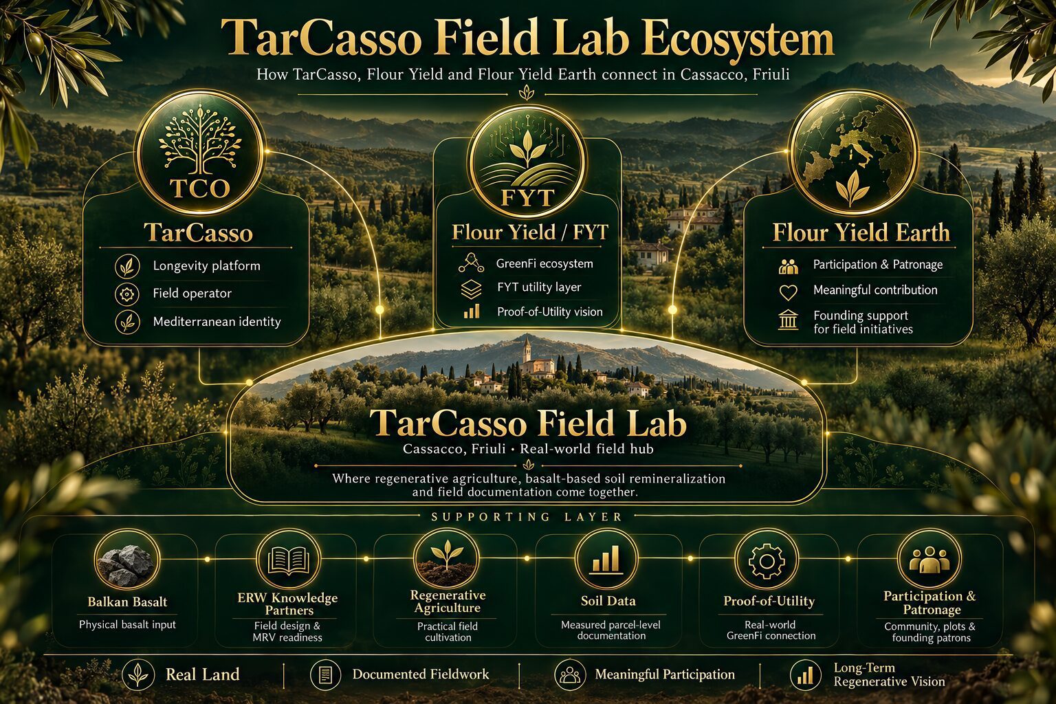 TarCasso Field Lab Ecosystem: TarCasso, Flour Yield and Flour Yield Earth connect through the field project in Cassacco, supported by Balkan Basalt, prospective ERW knowledge partners, regenerative agriculture, soil data and participation.
